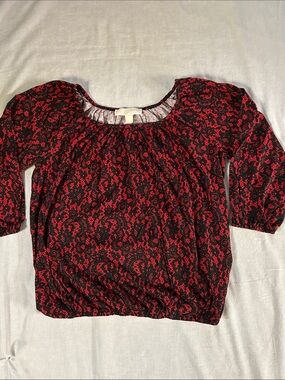 Michael Michael Kors Red & Black Faux Lace Print Blouse, Shirred Neckline & Hem